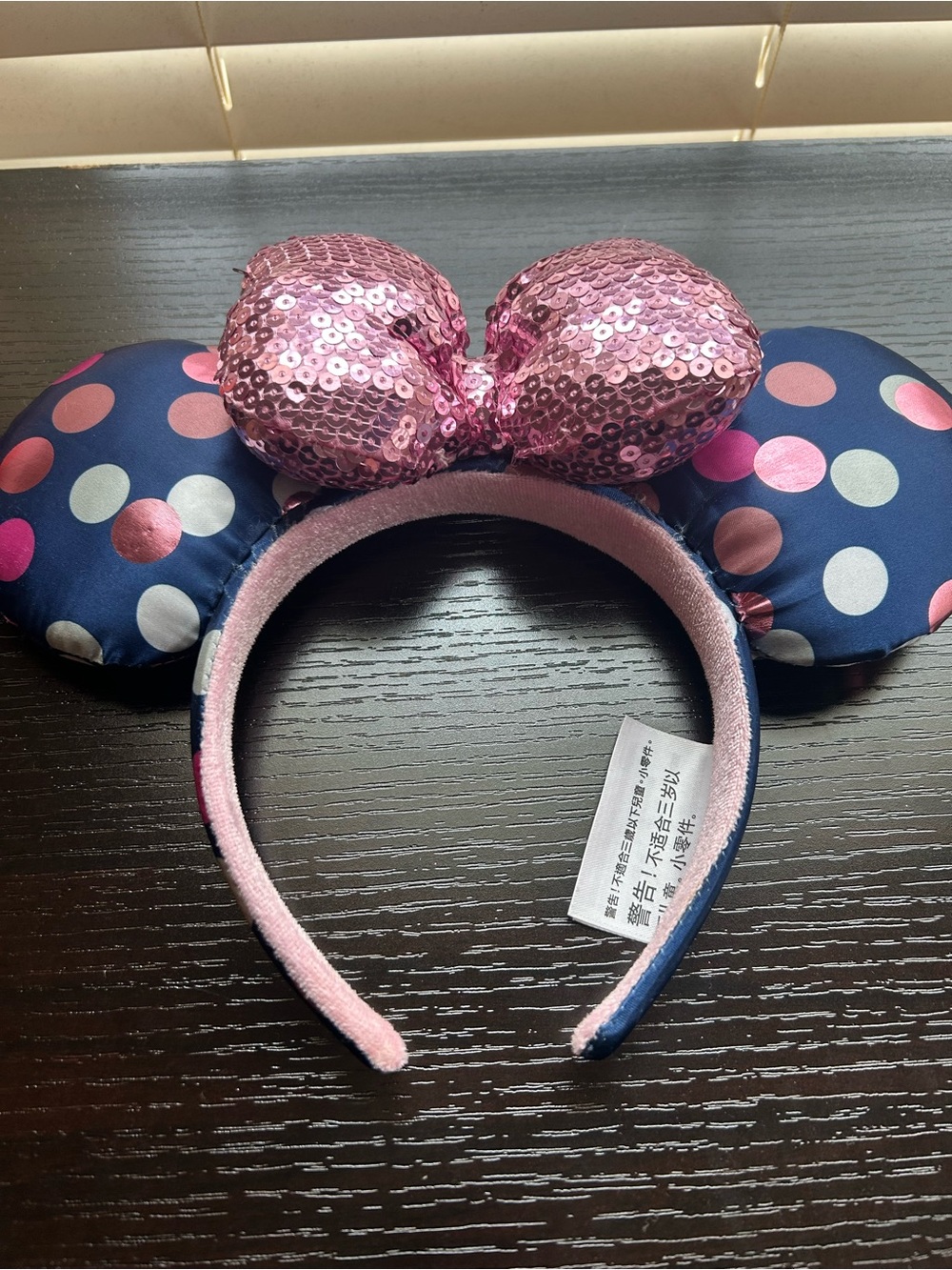 Pink Sequin Bow Navy Polka Dot Minnie Ears Headband